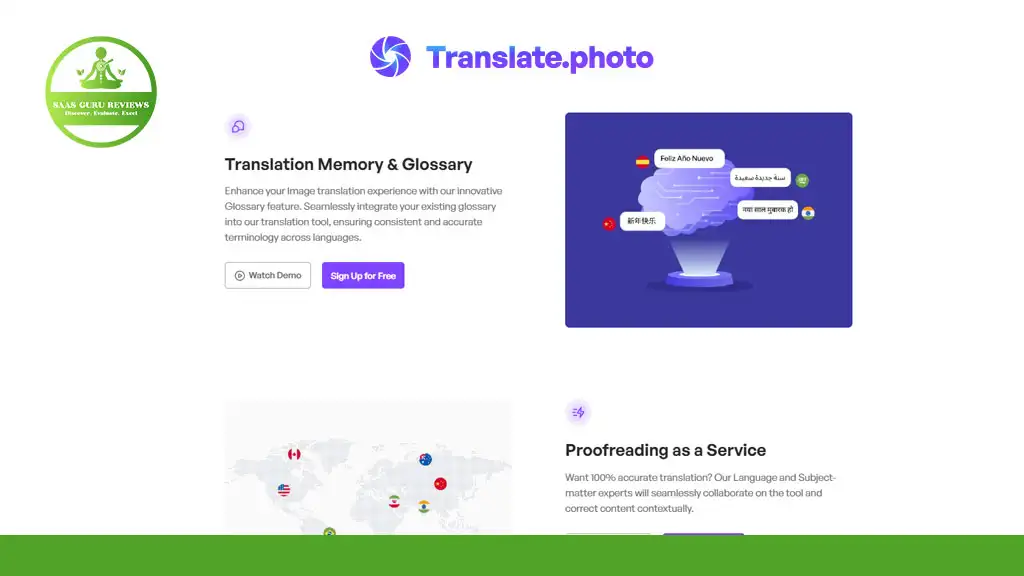 Screenshot of the Translate.photo website featuring sections on Translation Memory & Glossary, a visual language map, and Proofreading as a Service, with a SaaS Guru Reviews badge.