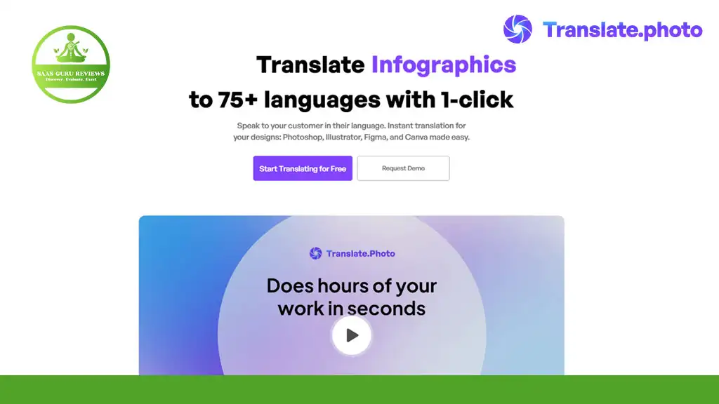 Screenshot of the Translate.photo website showing a headline about translating infographics into 75+ languages with one click, and a video section about saving time with the service.