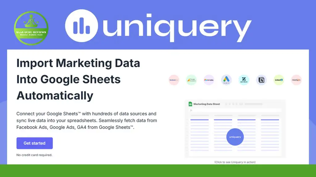 Screenshot of Uniquery’s website showing a tool for importing marketing data into Google Sheets automatically, with a purple "Get started" button and logos of data sources above.