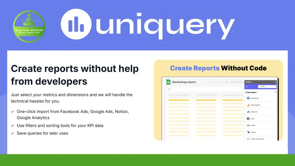 A promotional graphic for Uniqueqry highlighting no-code report creation, featuring a sample report and a list of platform features.