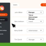 A user management dashboard by BannerBoo showing a list of users with dropdown menus for selecting roles and buttons to delete or invite users. A cursor points to "Sara Jackson." Perfect for managing your team during an exclusive deal campaign.