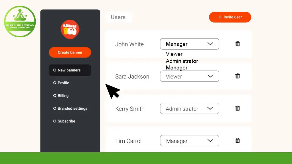 A user management dashboard by BannerBoo showing a list of users with dropdown menus for selecting roles and buttons to delete or invite users. A cursor points to "Sara Jackson." Perfect for managing your team during an exclusive deal campaign.