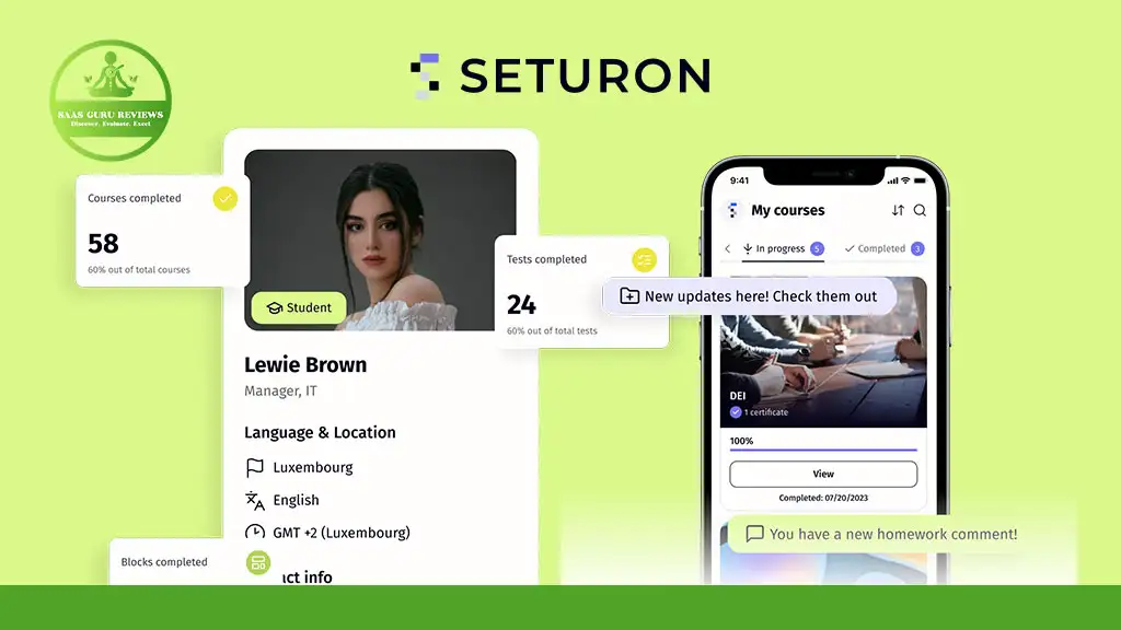 A digital interface displays a student profile, course progress, and notifications—like completed tests and new homework—powered by SETURON’s AI-Powered Adaptive Learning Platform to tailor content to individual educational needs.