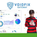 A man in a red and black striped shirt uses his phone beside digital charts and the Voidfix Gateway logo, showcasing the power of VoidFix Multichannel Messaging, with a SaaS Gold Reviews badge in the top left corner.