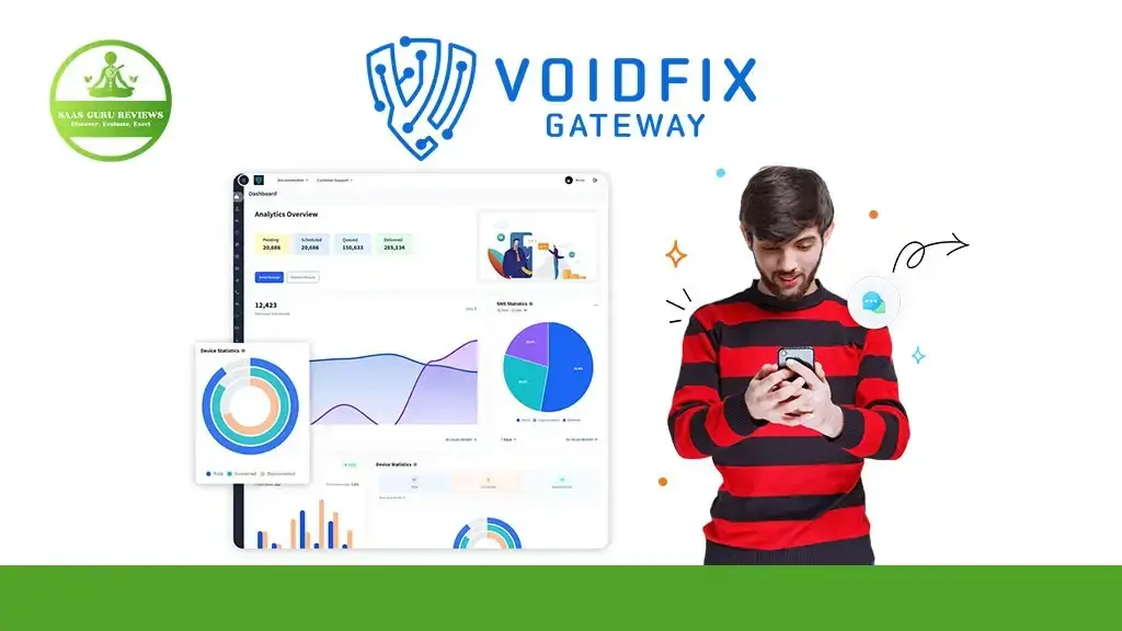 A man in a red and black striped shirt uses his phone beside digital charts and the Voidfix Gateway logo, showcasing the power of VoidFix Multichannel Messaging, with a SaaS Gold Reviews badge in the top left corner.
