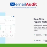 Screenshot of the emailAudit platform showing real-time spam monitoring features, automated reports, and integration options for tracking email deliverability.