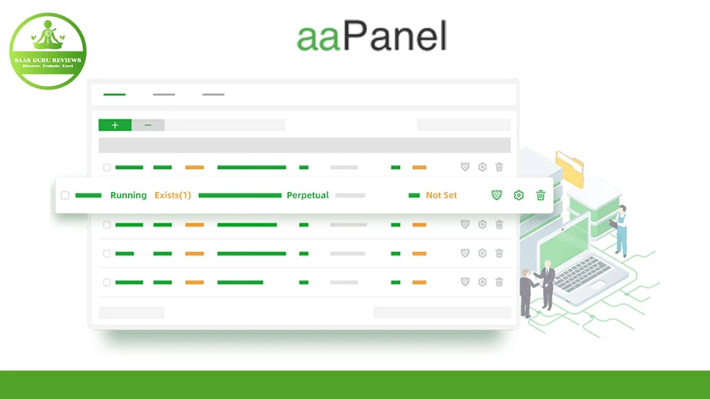 A screenshot of the aaPanel hosting control panel shows server status indicators—Running, Exists, Perpetual, and Not Set—alongside a sidebar for server management and a logo in the top left.