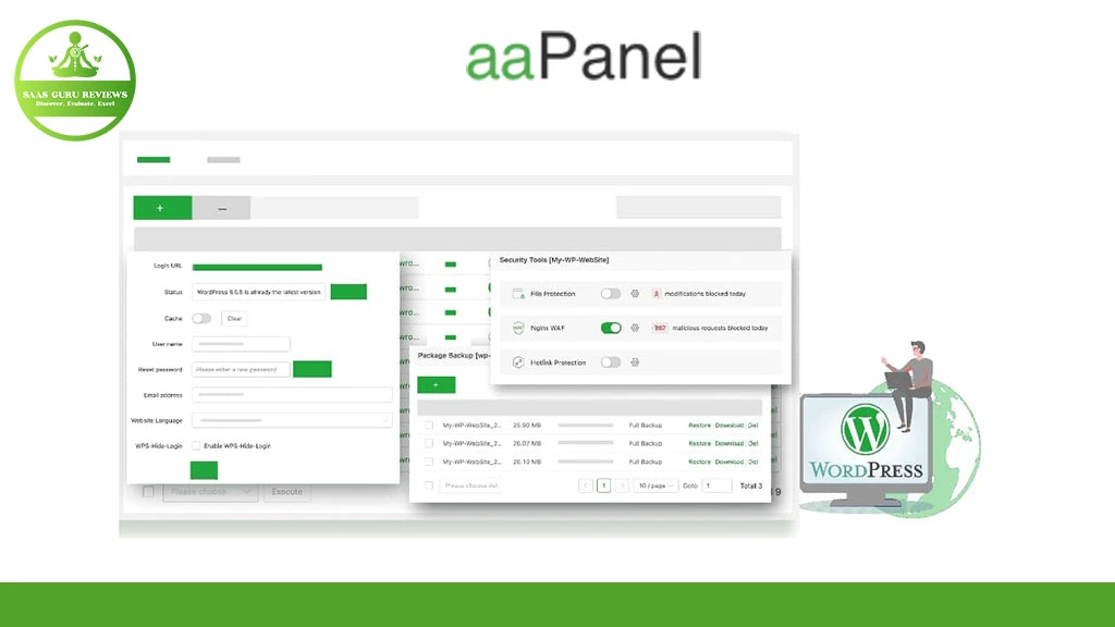 Screenshot of the aaPanel hosting control panel interface, showcasing server management features like security settings, backup management, and a WordPress logo graphic.
