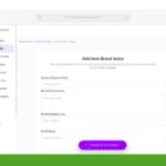 Screenshot of a BlinkCompose web page showing a form titled "Add New Brand Voice" with fields for name, description, subject line, and email body—ideal for launching your next email campaign—with a purple "Create Brand Voice" button.