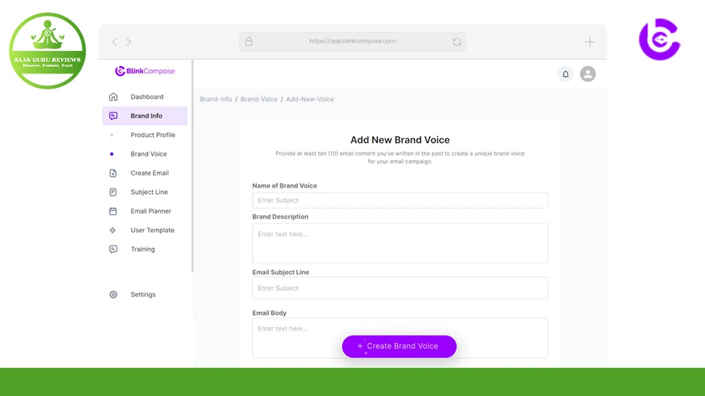 Screenshot of a BlinkCompose web page showing a form titled "Add New Brand Voice" with fields for name, description, subject line, and email body—ideal for launching your next email campaign—with a purple "Create Brand Voice" button.