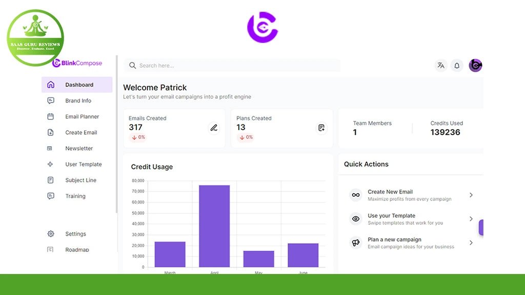 Screenshot of the BlinkCompose email campaign dashboard showing plan statistics, credit usage graph, team info, and quick action buttons on a white interface—perfect for those using the lifetime deal.