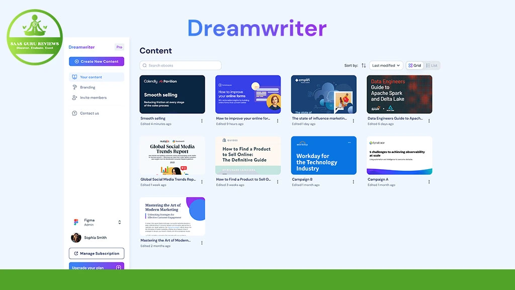 Screenshot of the Dreamwriter content dashboard displaying AI campaigns for personalized marketing, various content cards, menu options on the left, and a green SaaS Guru Reviews logo in the top left corner.