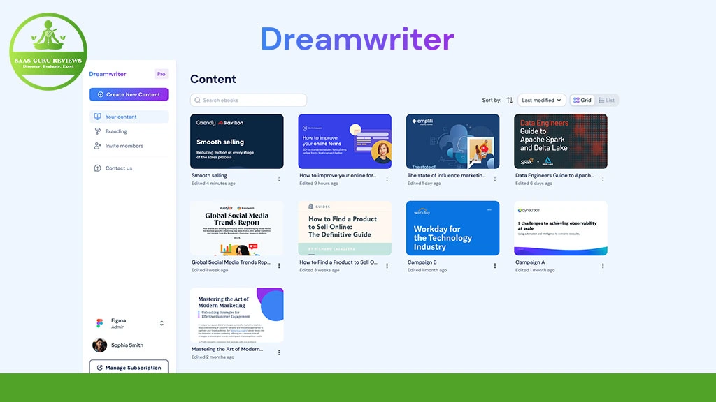 Screenshot of the Dreamwriter content dashboard featuring a navigation menu and "SAAS GURU REVIEWS" logo, highlighting article cards tailored for Hyper-Personalized AI Campaigns and maintaining a consistent Brand Voice.