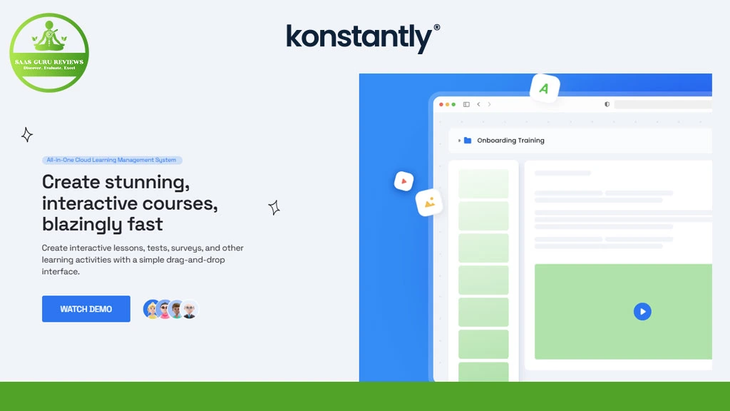 Screenshot of Konstntly's website highlighting tools to centralize knowledge and create interactive courses, featuring a demo button and a sample onboarding training interface.