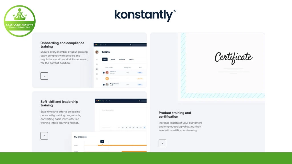 A webpage showcases four training modules, emphasizing course management and training transformation. Modules include onboarding and compliance, soft-skill and leadership, product training, certification, plus a certificate graphic. The "Konstantly" logo is centered at the top.