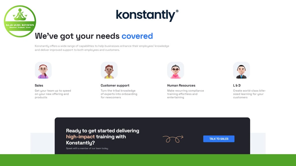 Screenshot of Konstantly's services page showing four team roles—Sales, Customer Support, Human Resources, L&D—each with a brief description highlighting training transformation, plus a call-to-action to talk to sales.