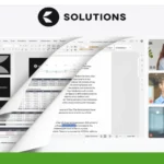 A computer screen shows a virtual meeting with three participants and a shared document, featuring the Kyzon Space logo and the word "Solutions" at the top, highlighting seamless document collaboration.