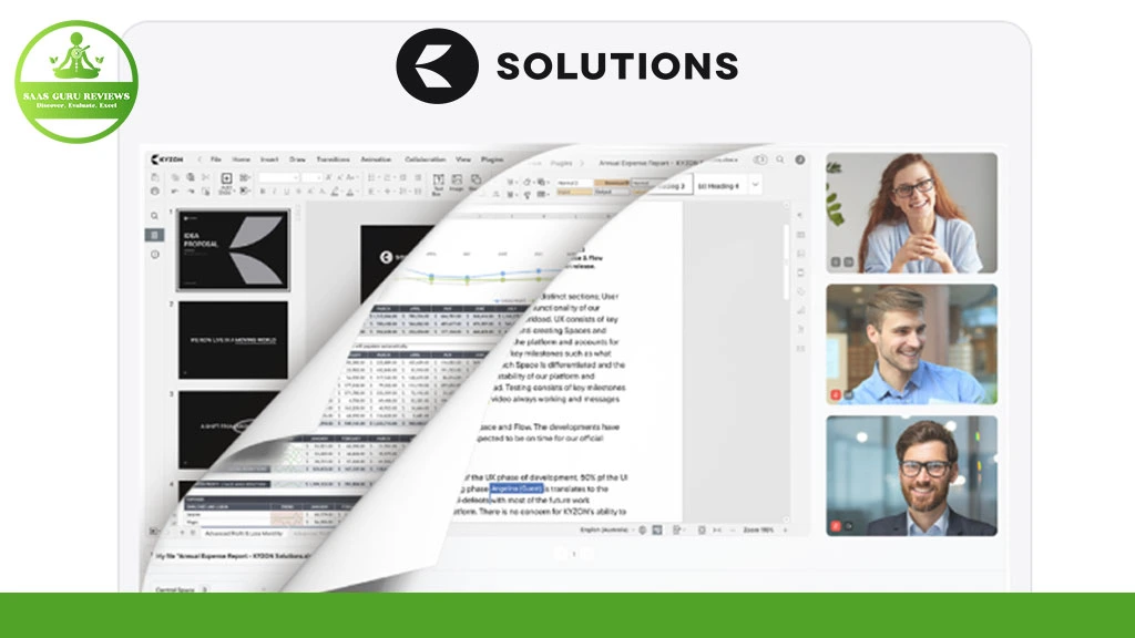 A computer screen shows a virtual meeting with three participants and a shared document, featuring the Kyzon Space logo and the word "Solutions" at the top, highlighting seamless document collaboration.
