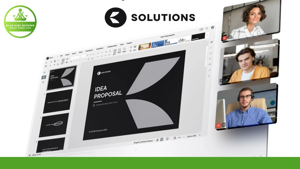 A computer screen displays a business presentation titled "Idea Proposal" with three people visible in video call windows on the side, showcasing Kyzon Space document collaboration in action.