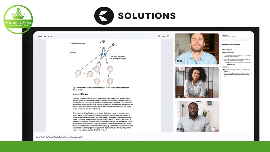 A computer screen displays a document with diagrams and text on the left, and three people in a video conference on the right, showcasing Document Collaboration. Solutions Review logos and a title bar are visible at the top.