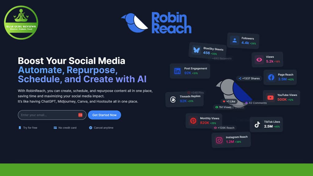 Screenshot of RobinReach’s website featuring its AI-powered social media management tool for automating, repurposing, and scheduling content, complete with engagement metrics and a prominent “Get Started Now” button.