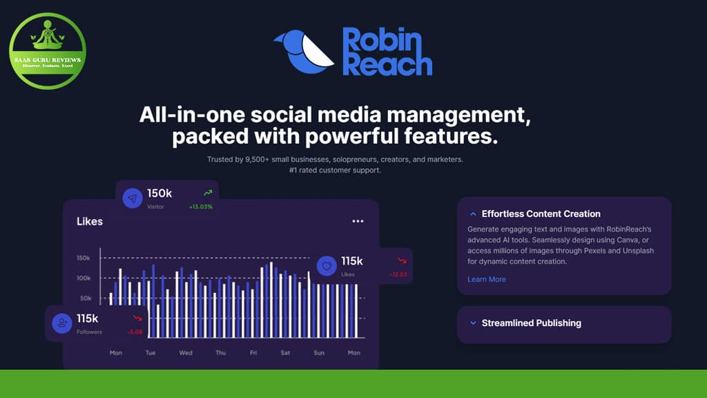Screenshot of a webpage for RobinReach, an AI-powered social media management tool, featuring stats, key features, and a user testimonial badge.