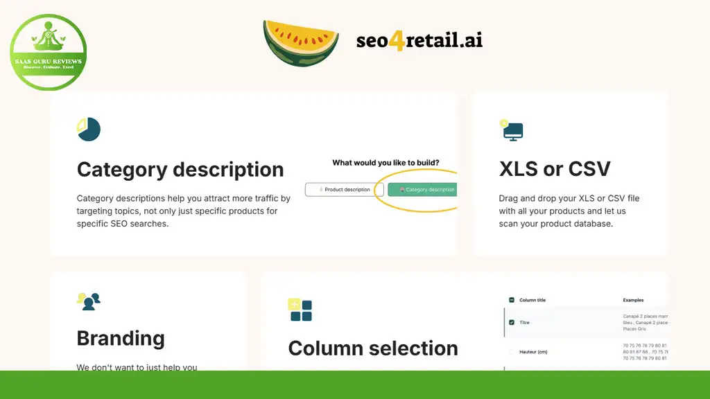 Screenshot of the SEO4Retail.ai website displaying tools for category description, XLS or CSV upload, branding, and column selection—perfect for boosting e-commerce traffic through streamlined product database management.