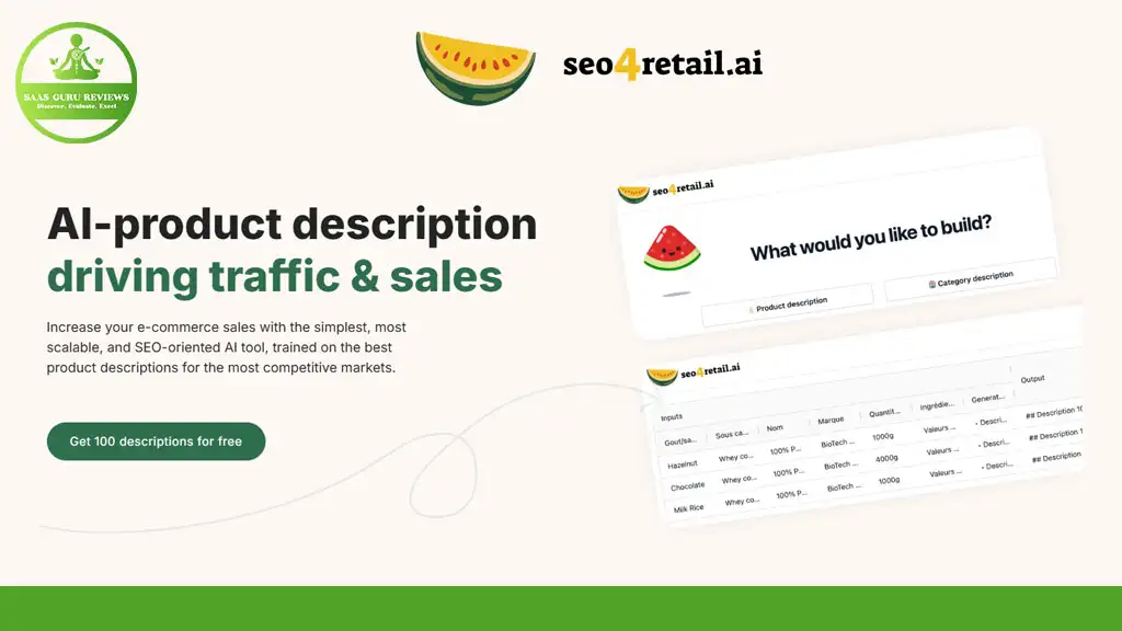 Promotional image for SEO4Retail.ai featuring a website interface, watermelon logo, and text highlighting a lifetime deal on AI-generated product descriptions to boost e-commerce traffic and sales.