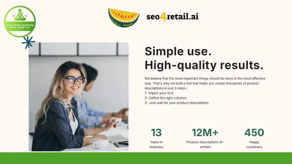 Two people work at desks with laptops; accompanying text promotes SEO4Retail.ai, highlighting simple product description creation, increased E-commerce traffic, and business achievements in users, products, and customer count.