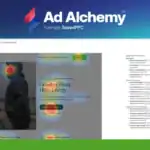 A screenshot of a webpage with AI-Powered PPC heat map overlays highlights areas of high and low user attention, under the banner "Ad Alchemy Formerly SpeedPPC.