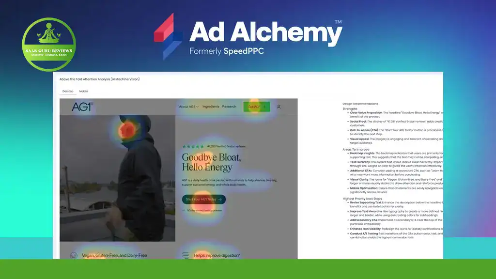 A screenshot of a webpage with AI-Powered PPC heat map overlays highlights areas of high and low user attention, under the banner "Ad Alchemy Formerly SpeedPPC.