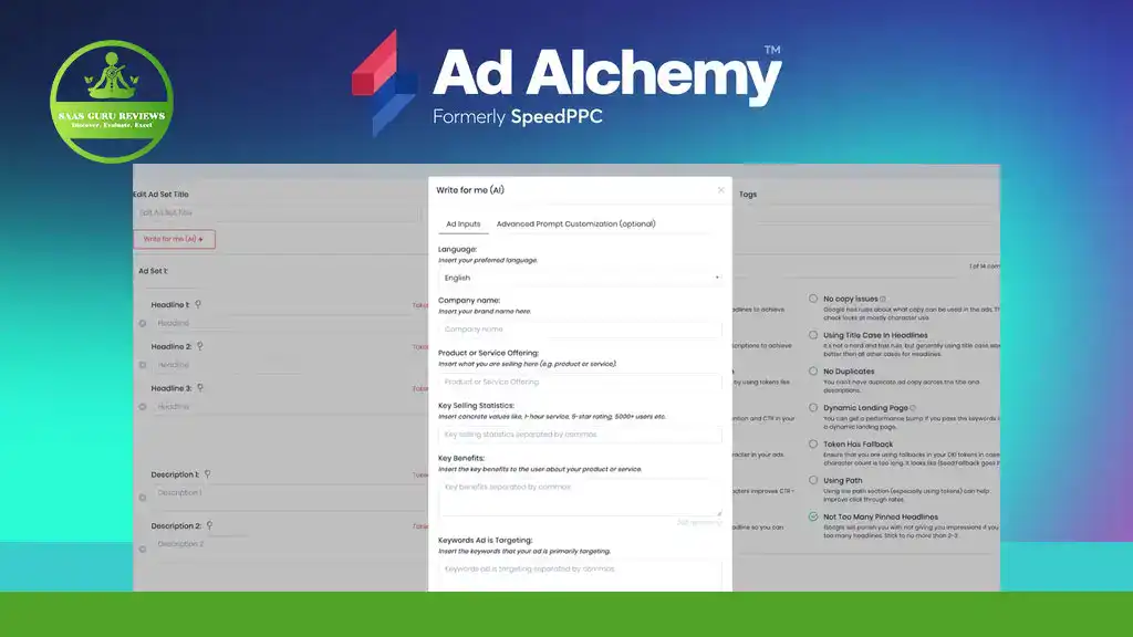 Screenshot of the Ad Alchemy interface displaying PPC campaign setup options, overlaid on a gradient background with the SaaS Club Reviews logo in the corner. Perfect showcase of this AI-powered PPC tool in action.