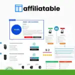 A collage displaying the Affiliatable logo, product comparisons, comparison tables, reviews, and rating charts for gaming mice and SEO tools—perfect for anyone seeking an in-depth Affiliatable review or building their affiliate marketing toolkit.