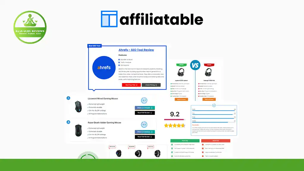 A collage displaying the Affiliatable logo, product comparisons, comparison tables, reviews, and rating charts for gaming mice and SEO tools—perfect for anyone seeking an in-depth Affiliatable review or building their affiliate marketing toolkit.