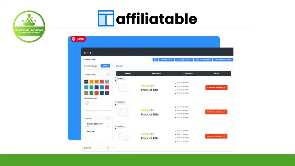 A screenshot of an Affiliatable interface shows customization options and a product comparison table—an essential feature in any Affiliate Marketing Toolkit—with buttons to choose an Amazon deal.