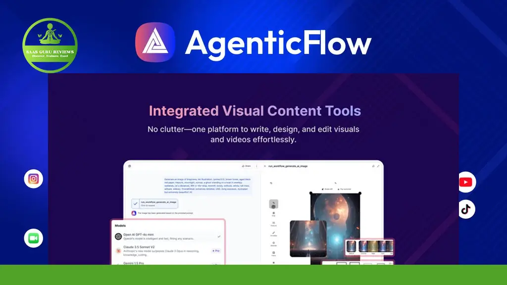 Screenshot of a website called AgenticFlow highlighting integrated visual content tools for writing, designing, and editing visuals and videos. Social media icons are visible on the edges.