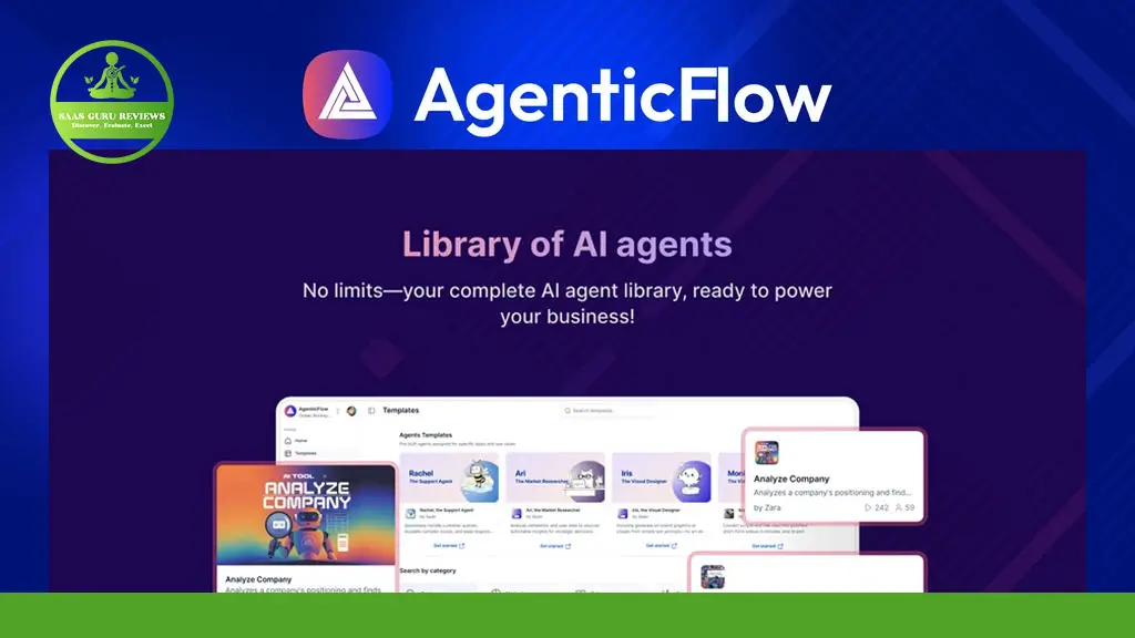 Screenshot of AgenticFlow’s interface showing a library of AI agents for business, with a purple background and branding elements at the top.