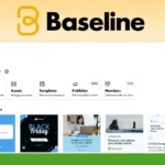 Screenshot of the Baseline platform interface featuring sections for Brand Guides, assets, templates, publisher, and members, with Microsoft branding and examples of business transformation through impactful brand design and social content.