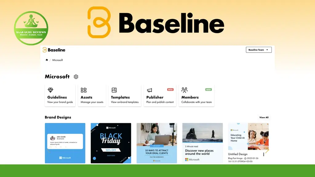 Screenshot of the Baseline platform interface featuring sections for Brand Guides, assets, templates, publisher, and members, with Microsoft branding and examples of business transformation through impactful brand design and social content.