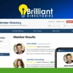 Screenshot of a member directory website showing search results for "John Smith" and "Jennifer Consulting," with a phone displaying the same profile, under the Brilliant Directories logo.