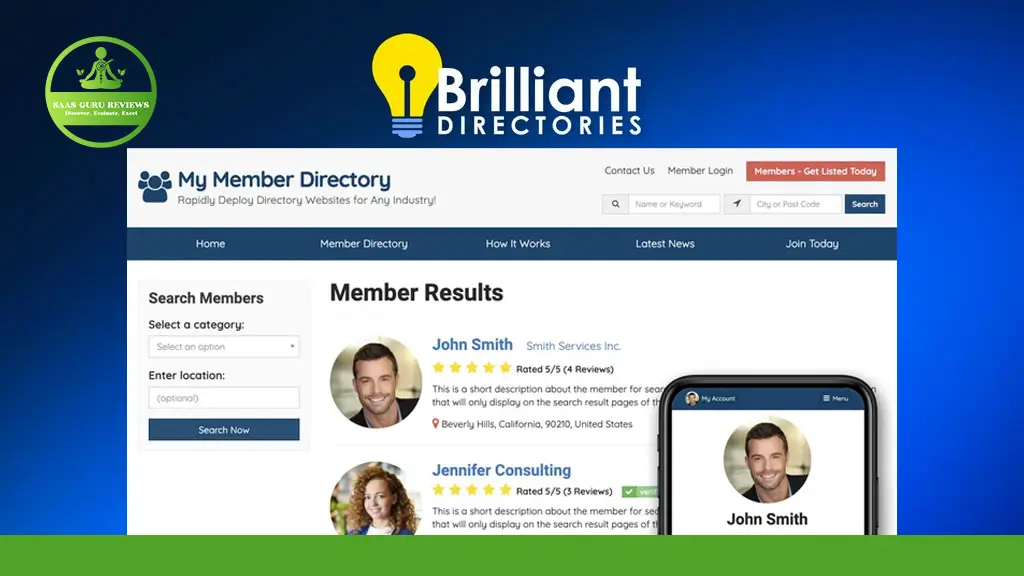 Screenshot of a member directory website showing search results for "John Smith" and "Jennifer Consulting," with a phone displaying the same profile, under the Brilliant Directories logo.