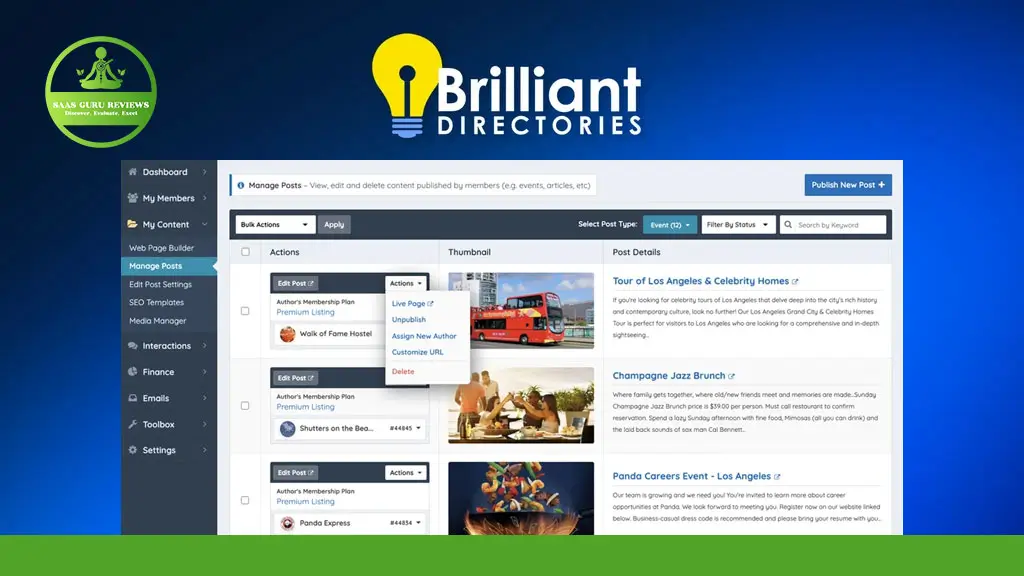 A screenshot of the Brilliant Directories dashboard shows the Manage Posts section with a list of posts, thumbnails, and editing options under a blue-themed interface.