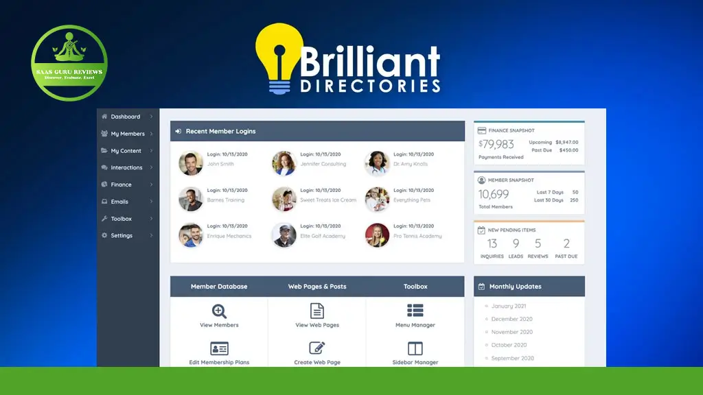 Screenshot of a dashboard from Brilliant Directories, displaying recent member logins, payment stats, member database options, and monthly updates on a blue background.