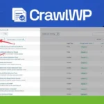 A screenshot of the CrawlWP interface shows a list of indexed pages with two red arrows pointing to options for submitting URLs for indexing in Google Search.