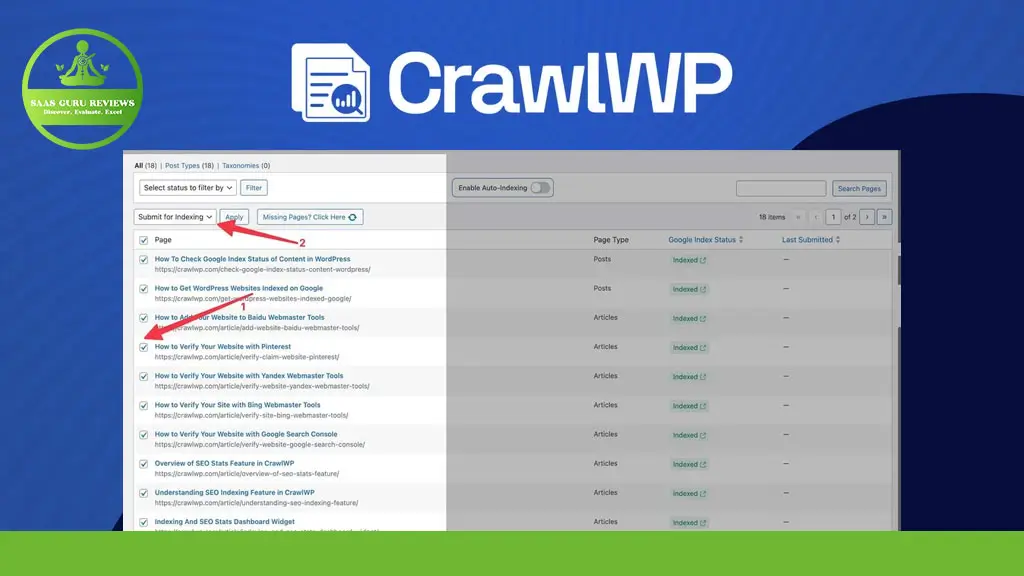 A screenshot of the CrawlWP interface shows a list of indexed pages with two red arrows pointing to options for submitting URLs for indexing in Google Search.