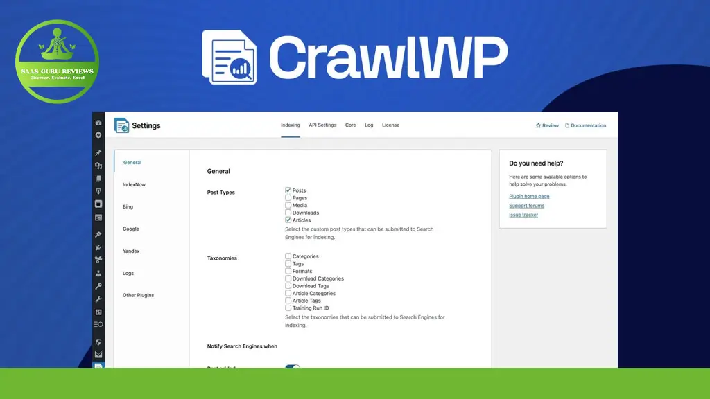 Screenshot of the CrawlWP plugin settings page showing options for post types, taxonomies, and search engine notifications, with the plugin logo and title at the top.