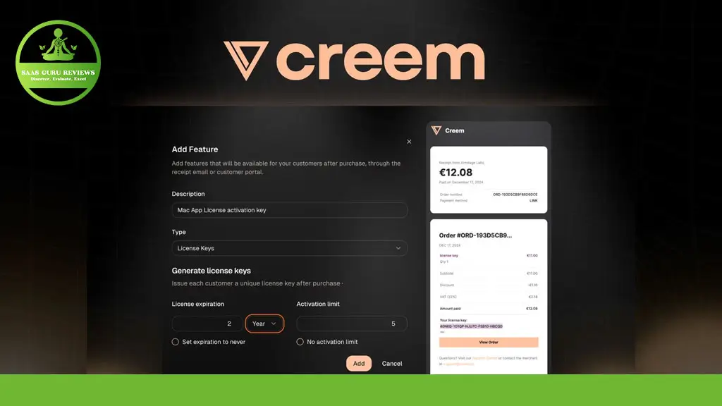 Screenshot of the Creem platform showing options to add a Mac app license activation key feature, set expiration, and an order summary with payment details.
