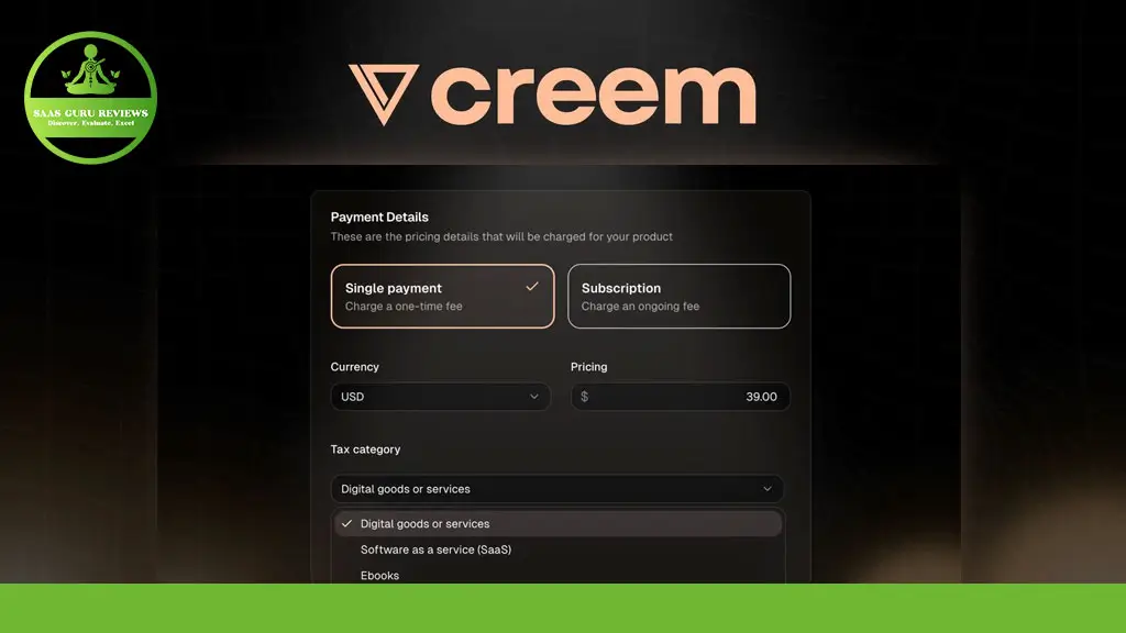 A screenshot of Creem's payment options page, showing choices for single payment or subscription, currency selection, and product category dropdown menus.