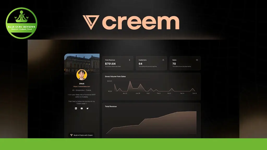 A computer screen displays the dashboard of Creem, showing total revenue, customers, sales, and various analytics data.