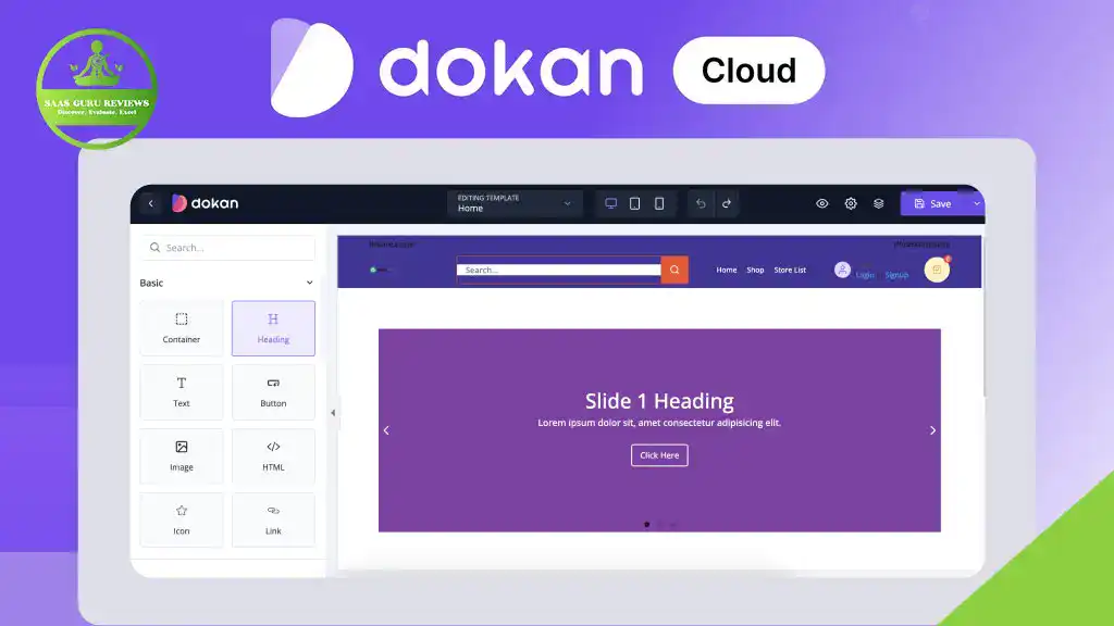 Screenshot of the Dokan Cloud web interface showcasing an Ecommerce Solution with a website builder, featuring drag-and-drop elements and a purple-themed design preview—perfect for launching your online business.